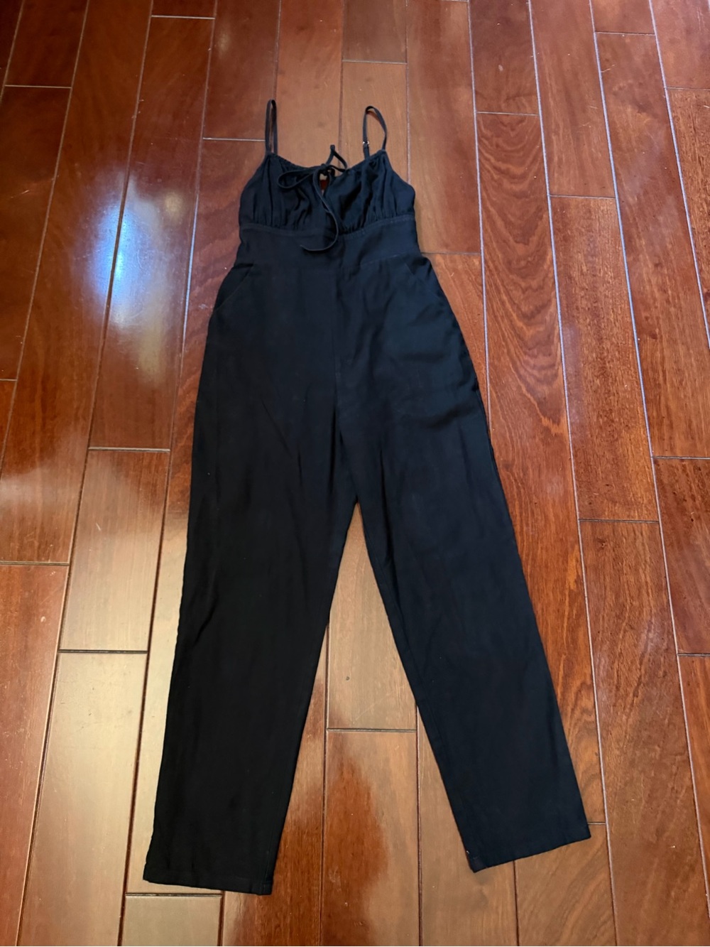 Black Tie-Front Spaghetti Strap Jumpsuit